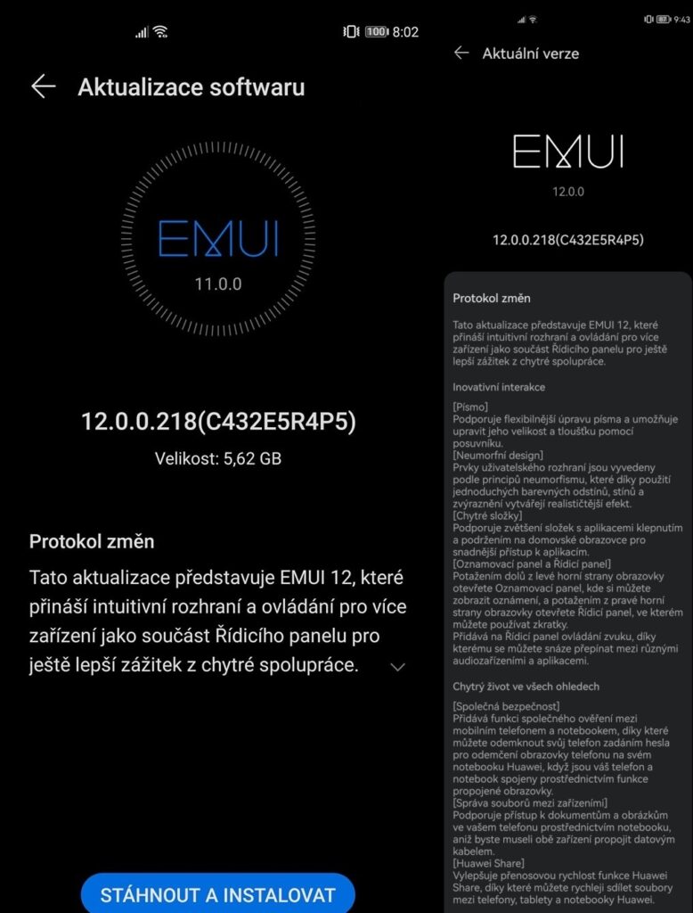 Aktualizace s EMUI 12 pro Huawei P40.