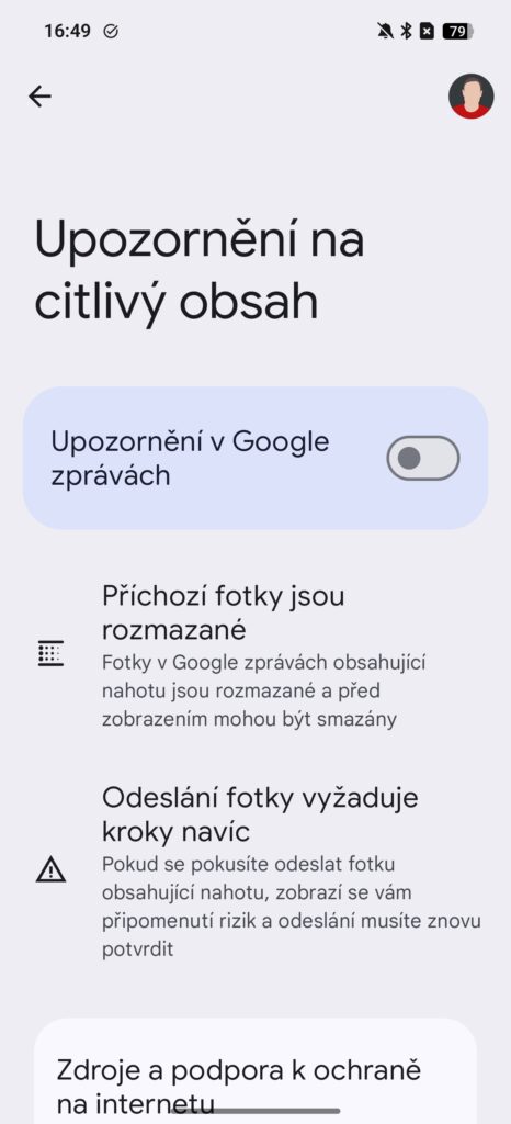 Funkce Upozornění na citlivý obsah v aplikaci Zprávy Google